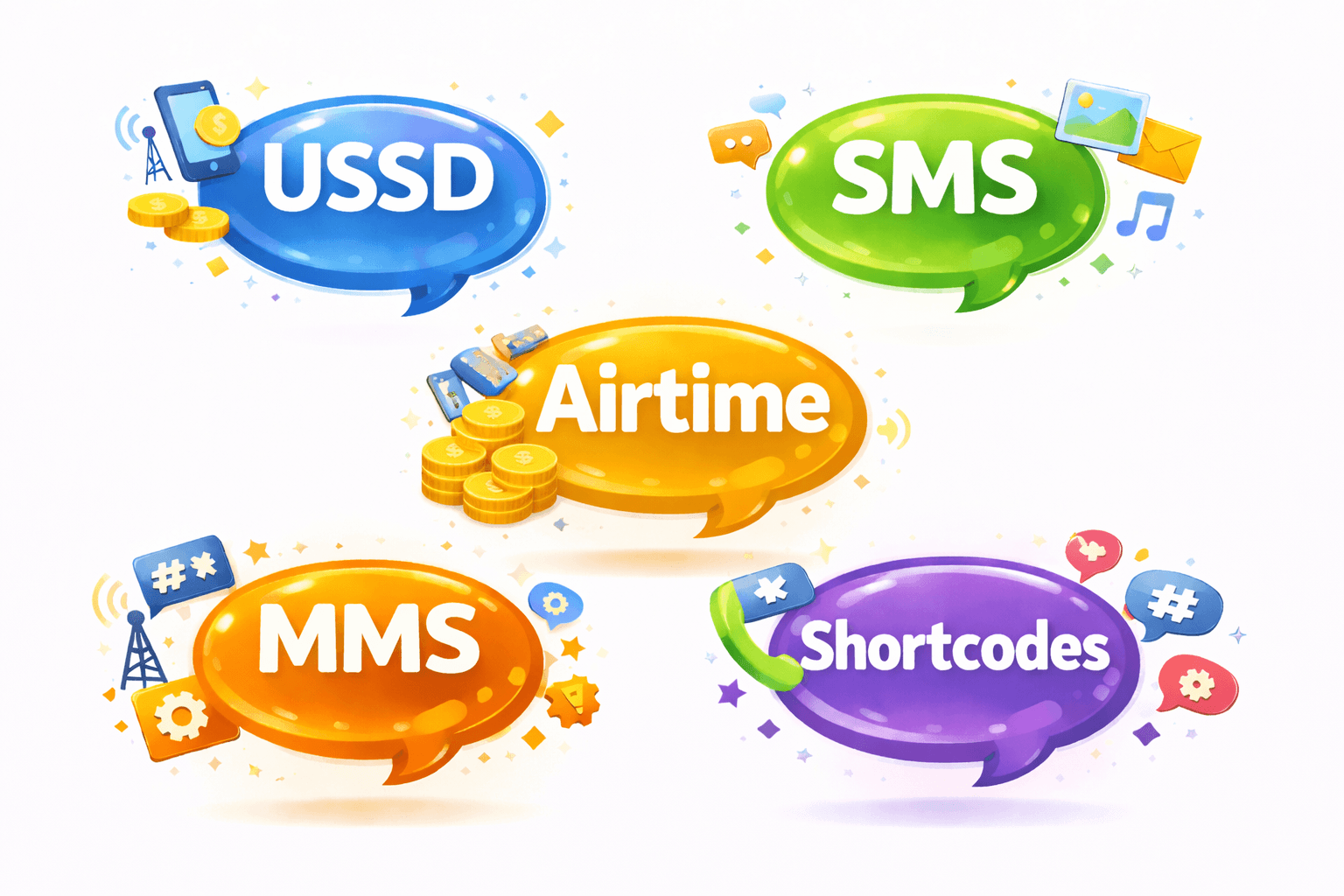 image of speach bubbles highlighting airtime, mms, shortcodes and ussd
